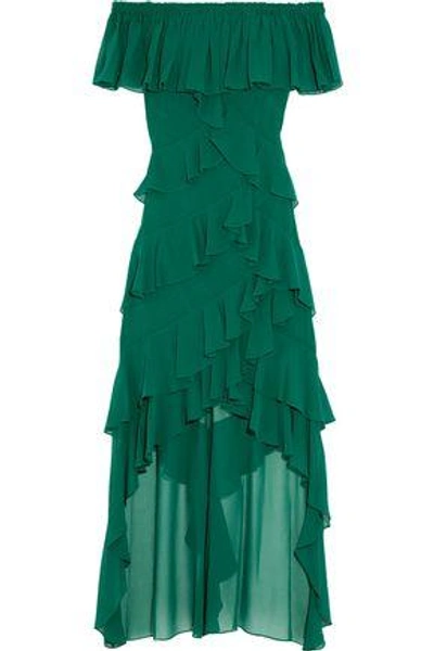 Shop Badgley Mischka Woman Off-the-shoulder Tiered Ruffled Georgette Gown Forest Green