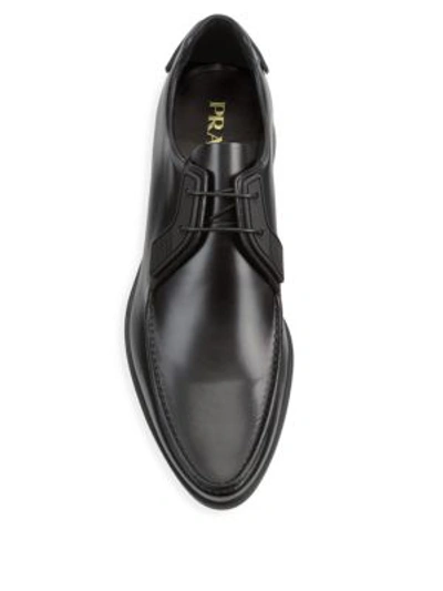 Shop Prada Pointed Leather Laced Derby Shoe In Black