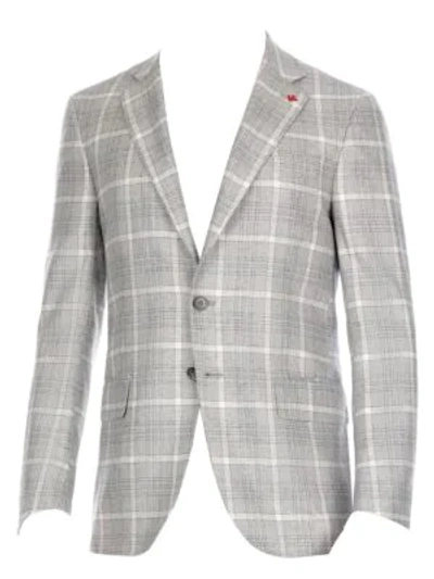 Shop Isaia Regular-fit Plaid Silk Jacket In Light Grey