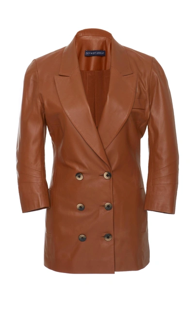 Shop Zeynep Arcay Leather Blazer In Brown