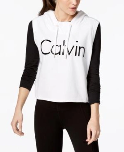 Shop Calvin Klein Performance Sleeveless Cropped Hoodie In White/black