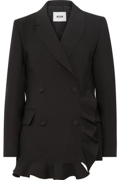 Shop Msgm Double-breasted Ruffled Crepe Blazer In Black