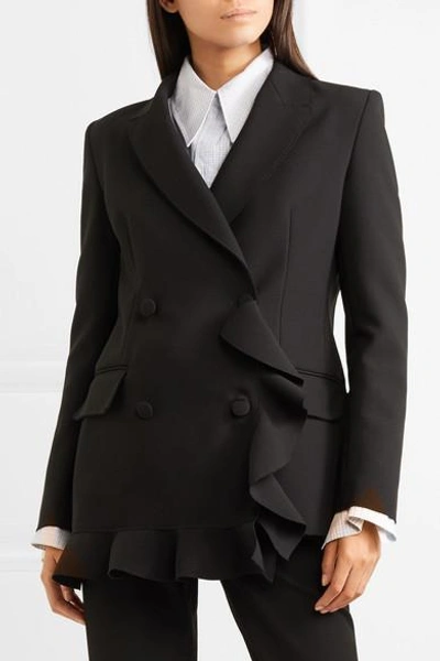 Shop Msgm Double-breasted Ruffled Crepe Blazer In Black