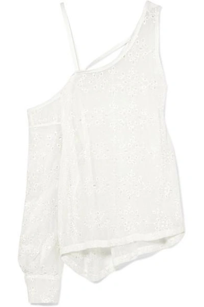 Shop Ann Demeulemeester Asymmetric Broderie Anglaise Silk-blend Top In White