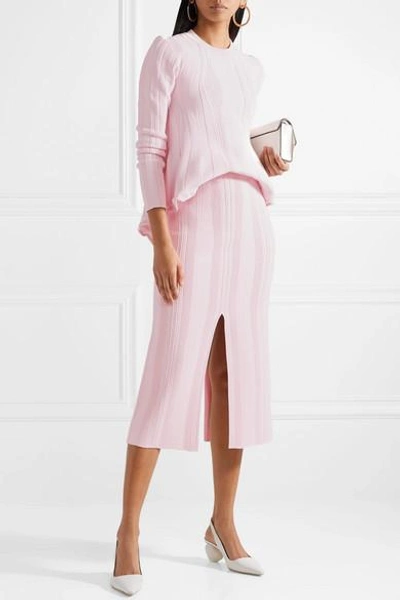 Shop Proenza Schouler Ribbed Stretch-knit Peplum Sweater In Baby Pink