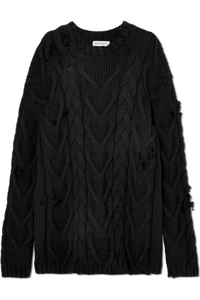 Shop Palm Angels Distressed Cable-knit Cotton-blend Sweater In Black
