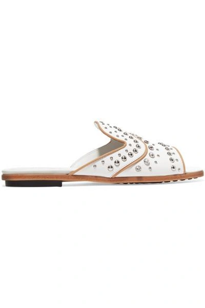 Shop Tod's Embellished Leather Slides In White