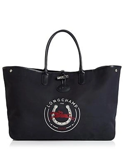 Shop Longchamp Roseau 1948 Xl Leather Tote In Navy Blue/silver