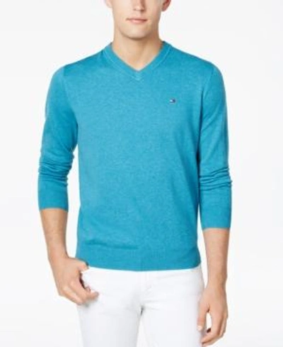 Shop Tommy Hilfiger Men's Signature Solid V-neck Sweater In Ocean Wave