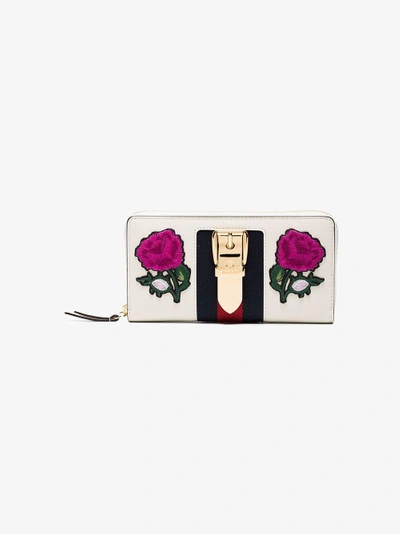 Shop Gucci Sylvie Rose Embroidered Leather Wallet In White