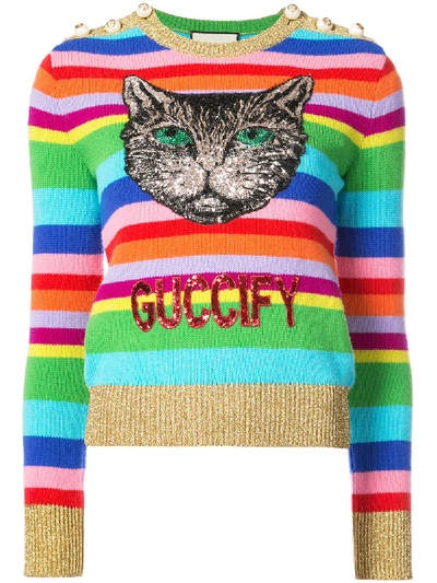 Shop Gucci Gy Embroidered Stripe Knit Sweater