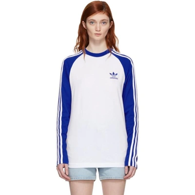 Shop Adidas Originals White And Blue Long Sleeve 3-stripes T-shirt