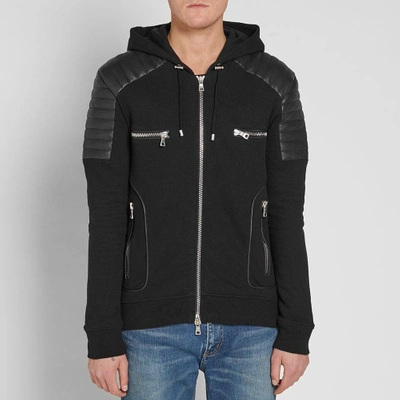 Shop Balmain Hooded Leather Crest Jacket In Black