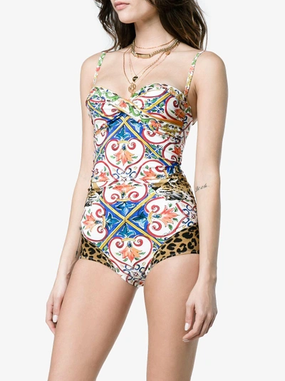Shop Dolce & Gabbana Maiolica Leopard Print Swimsuit In Multicolour