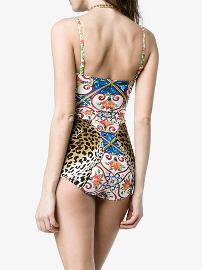 Shop Dolce & Gabbana Maiolica Leopard Print Swimsuit In Multicolour