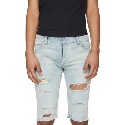 Shop Balmain Blue Distressed Denim Shorts In 151 Lt Blue