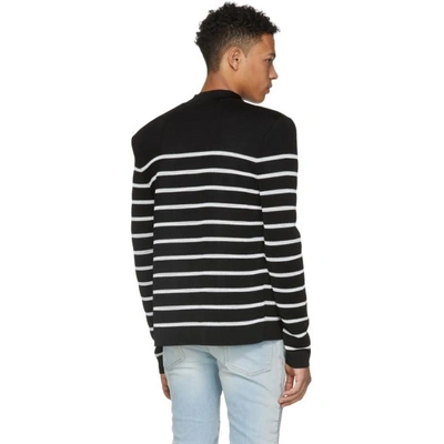 Shop Balmain Black And White Striped Badge Cardigan In 176 Black