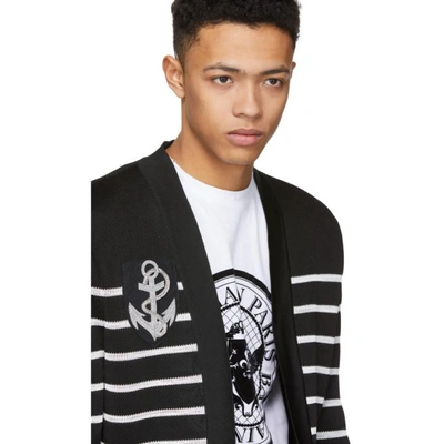 Shop Balmain Black And White Striped Badge Cardigan In 176 Black