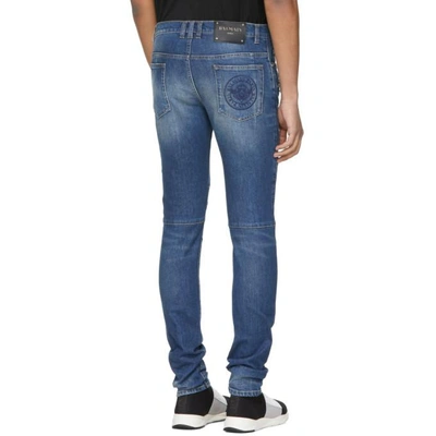 Shop Balmain Blue 7-pocket Washed Effect Biker Jeans In 155 Blue