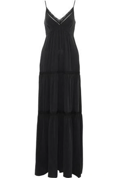 Shop L Agence Woman Gathered Lace-trimmed Washed Silk Maxi Dress Black