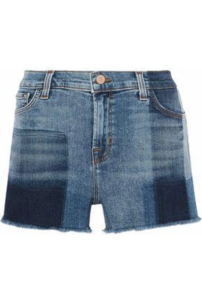 Shop J Brand Woman Patchwork-effect Frayed Denim Shorts Mid Denim