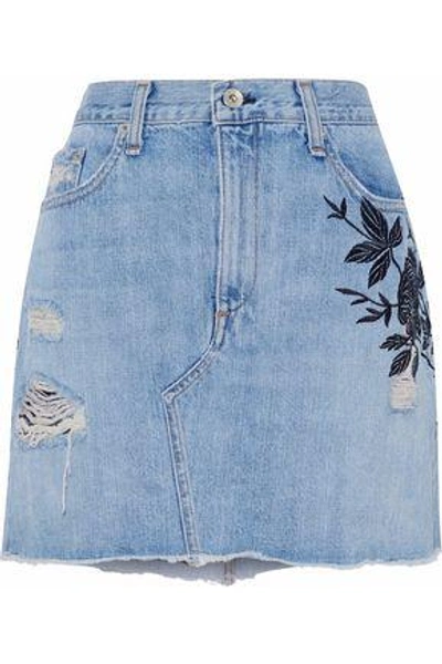Shop Rag & Bone Woman Embroidered Distressed Denim Mini Skirt Light Denim