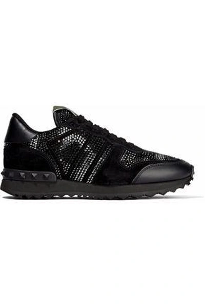Shop Valentino Woman Embellished Suede Sneakers Black