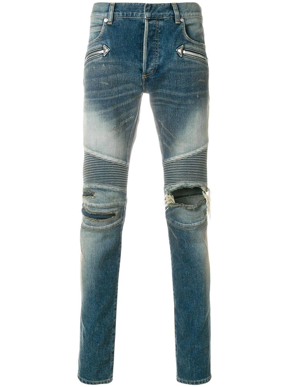 Balmain Mid-rise Distressed Skinny Biker Jeans In Blue | ModeSens