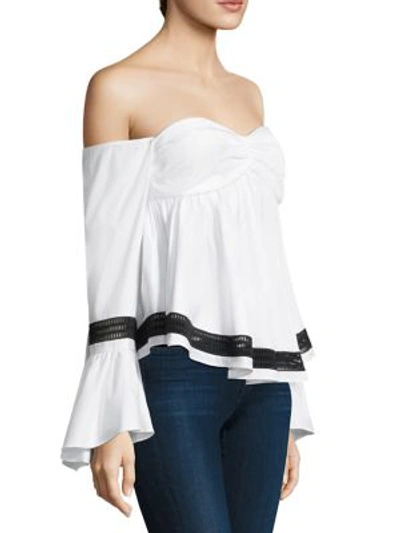 Shop Caroline Constas Max Off-the-shoulder Bell-sleeve Cotton Top In White Black