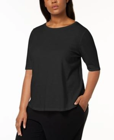 Shop Eileen Fisher System Plus Size Organic Cotton Elbow-sleeve T-shirt In Black