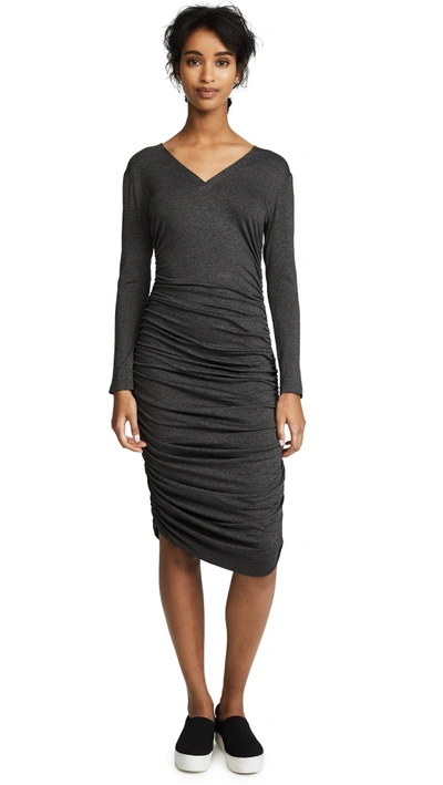 Shop Norma Kamali Long Sleeve V Neck Shirred Dress In Dark Grey