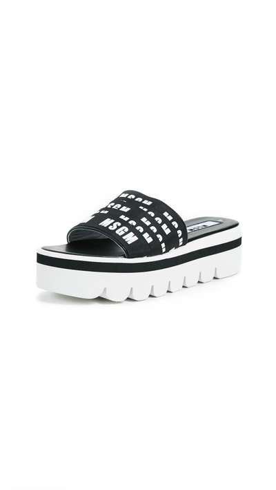 Shop Msgm Multi Strap Logo High Wedge Sandals In Black/white