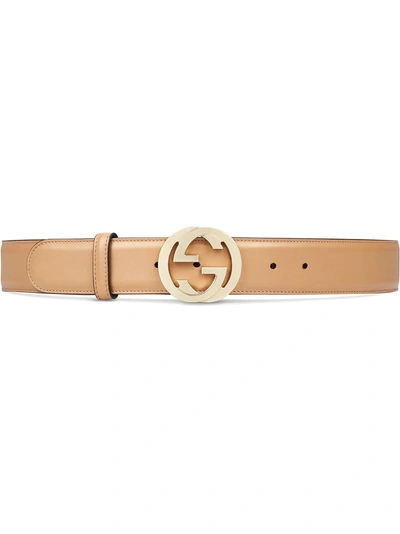 Shop Gucci Leather Belt With Interlocking G Buckle - Neutrals