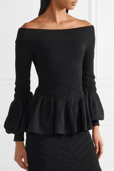 Shop Jonathan Simkhai Off-the-shoulder Smocked Stretch Cotton-blend Top In Black