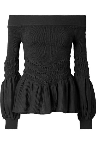 Shop Jonathan Simkhai Off-the-shoulder Smocked Stretch Cotton-blend Top In Black