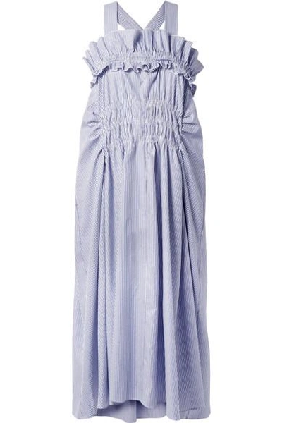 Shop Carven Smocked Ruffled Striped Cotton-poplin Midi Dress In Sky Blue