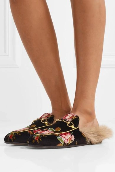 Shop Gucci Princetown Horsebit-detailed Shearling-lined Floral-print Velvet Slippers In Black