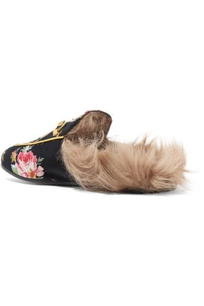 Shop Gucci Princetown Horsebit-detailed Shearling-lined Floral-print Velvet Slippers In Black