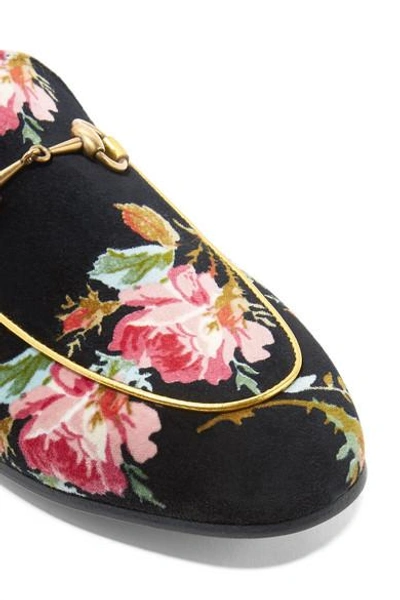 Shop Gucci Princetown Horsebit-detailed Shearling-lined Floral-print Velvet Slippers In Black