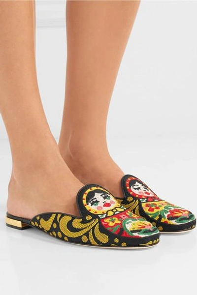 Shop Charlotte Olympia Matryoshka Embroidered Canvas Slippers
