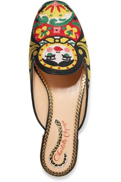 Shop Charlotte Olympia Matryoshka Embroidered Canvas Slippers
