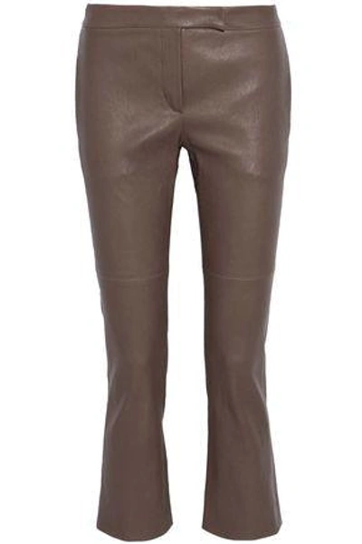 Shop Brunello Cucinelli Cropped Leather Flared Pants In Dark Brown