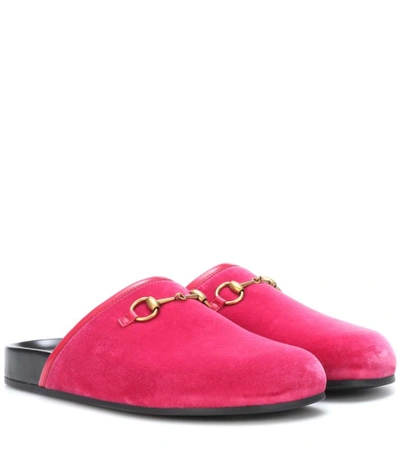 Shop Gucci Velvet Horsebit Slippers In Pink