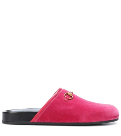 Shop Gucci Velvet Horsebit Slippers In Pink