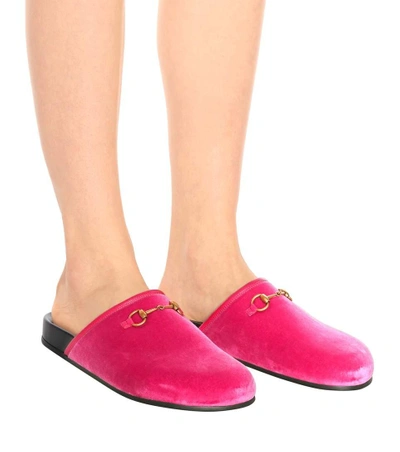 Shop Gucci Velvet Horsebit Slippers In Pink