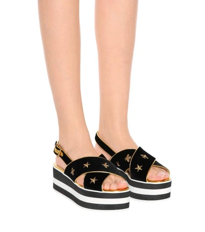 Shop Gucci Embroidered Velvet Platform Sandals In Black