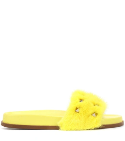 Shop Valentino Mink Fur Slides In Yellow