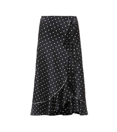 Shop Ganni Polka-dot Silk Satin Skirt In Black