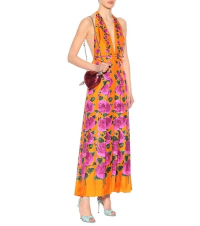 Shop Gucci Printed Silk Twill Dress In Orange