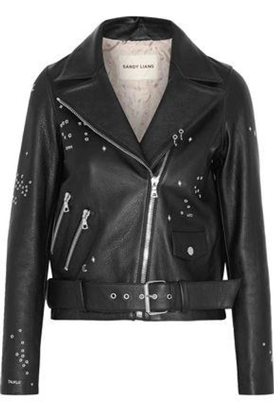 Shop Sandy Liang Woman Astro Delancey Embroidered Textured-leather Biker Jacket Black